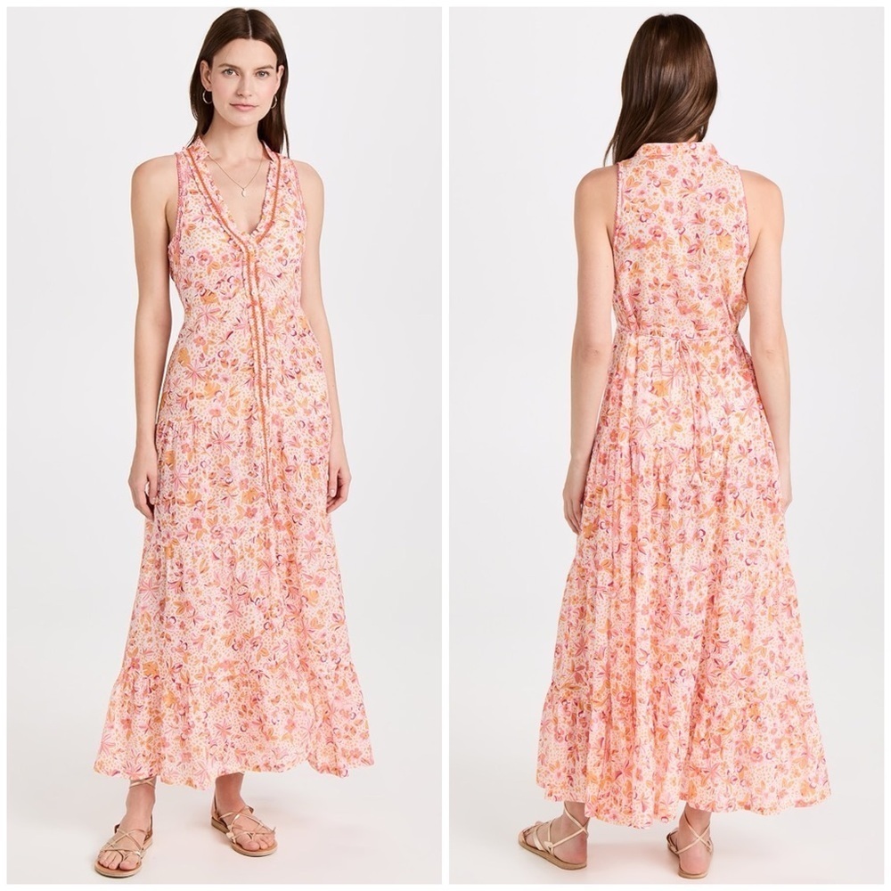Poupette St Barth Nana Dress button midi floral cotton orange large NWT
